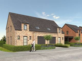 Moderne nieuwbouw woningen omvattende:Gelijkvloers: inkomhal; afzonderlijke WC; living met open keuken; berging;Verdiep: nachthal; 3 slaapkamers;...