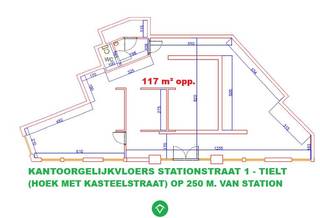 Instapklare kantoorruimte van 117 m² op gelijkvloers, hoek Kasteelstraat/Stationstraat op wandelafstand van station en van centrum. Eigen inkom met onthaalreceptie, aparte bureaus, sanitair en keuken voorzien, elektriciteitsattest conform. CV op aardgas. Parkeergelegenheid vlakbij.<br /><br />Deze verkoop geschiedt onder het biedingplatform van Covast (voorwaarden www.covast.be) met ein een eerste online te volgen biedingsfase kan op (of onder) geboden worden in eerste biedingsfase tot uiterlijk 18 september om 15 uur. Info & bezoek: thierry@vastgoedsinnaeve.be