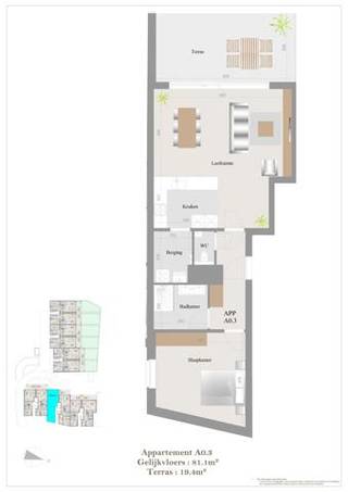 Mooi gelijkvloers appartement met een ruime leefruimte met open keuken en aansluitende berging, 1slaapkamers aan de voorzijde, badkamer met douche...