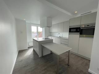 appartement rénové en duplex : séjour avec cuisine ouverte équipée, réfrigérateur, congélateur, four, micro-ondes, plaques de cuisson,...