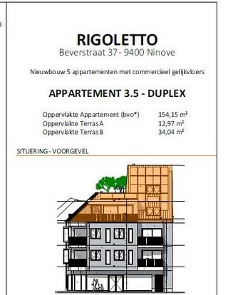 OPLEVERING VOORZIEN NA DE ZOMER 2026. 
LAATSTE UNIT TE KOOP!! 
Op de derde verdieping van dit prestigieuze project bevindt zich penthouse appartement 3.1., een unieke woonparel met een bewoonbare oppervlakte van 154 m² en magnifieke terrassen.
De indeling is doordacht en stijlvol:
Ruime leefruimte met open keuken. 
Eerste terras van 12,97 m². Twee comfortabele slaapkamers. Volledig ingerichte badkamer
Apart toilet en praktische bergruimte.
Op het verdiep geniet u bovendien van een royale ruimte van 29,67 m², ideaal als bureel met zithoek of als derde slaapkamer. Deze verdieping geeft toegang tot een exclusief terras van maar liefst 34 m², waar u in alle privacy kan ontspannen.
Parking kan via concessie bij Interparking Ninia. 
Een gemeenschappelijke fietsenberging is eveneens voorzien.
** Vermelde prijzen zijn exclusief BTW en kosten
** Mogelijkheid tot aankoop aan 6% BTW