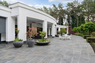 Rustig gelegen temidden van het groen,vindt u deze modernistische eenlaagse villa met een bewoonbare oppervlakte van maar liefst 900 m² op een mooi perceel van circa 10.000 m² voorzien van alle privacy. Via de imposante inkomhal met glazen dakconstructie betreden wij de villa met directe toegang tot de vestiaire, het gastentoilet en het kantoor. Centraal vindt u de woonkamer als één grote, open ruimte, badend in het licht met een prachtig uitzicht op de kleurrijke tuin. Links in de woonkamer bevindt zich de luxueus ingerichte bar, met daaraan grenzend het luxebinnenzwembad met wellnessgedeelte voor het ultieme vakantiegevoel. Door middel van grote raampartijen kan het zwembad indien gewenst afgesloten worden van de leefruimte. Naast het zwembad zijn er 2 ruime slaapkamers met ensuite dressing en badkamer. Rechts van de leefruimte treffen we de hedendaagse eilandkeuken voorzien van alle nodige comfort. Net als alle ruimtes heb je hier via grote schuiframen directe toegang tot het ruime verwarmde terras, dat zich uitstrekt over de volledige achtergevel. Door middel van screens kan het terras afgesloten worden waardoor je hier het hele jaar van kan genieten. De aanwezigheid van een houthaard en een buitendouche maakt het plaatje compleet. Net achter de keuken ligt de berging met bijkeuken. Hier bevinden zich zowel de lift als de trap naar de kelder, deze beslaat overigens dezelfde oppervlakte als de woning en bergt onder meer de technieken. De kelder is via een poort ook toegankelijk aan de zijkant van de woning door middel van een hellend gangpad, waardoor de immense oppervlakte zich perfect leent voorde opslag van goederen of desgewenst kan gebruikt worden als werkruimte. Verder leidt de berging naar de inpandige garage voor 2 wagens en de carport die nog eens ruimte biedt voor hetzelfde aantal wagens. Via een gang bereikt men de overige 2 slaapkamers, een extra badkamer en apart toilet. Deze gang beschikt over een aparte inkomdeur aan de zijkant van de woning. De tuin is volledig rondom het huis minutieus aangelegd en ZW gericht en vloeit naadloos over in het natuurpark “Mechelse Heide.” Verder is er ook een tuinhuis aanwezig. Het domein is volledig omheind en toegankelijk via een geautomatiseerde poort en beschikt over een beveiligingssysteem. Tot slot zijn er zonnepanelen aanwezig met een vermogen van 10200Wp. Deze uitgestrekte villa werd gebouwd met grote aandacht voor een perfecte integratie van de omliggende natuur. Kortom, wonen in een sterk staaltje architectuur, in een oase van groen. Luxe, comfort, rust en esthetiek gaan hand in hand in deze unieke eigendom die eveneens perfect geschikt is voor de uitoefening van een vrij beroep.<br /><br /><strong>Algemene Gegevens – Modernistische Villa</strong>
<ul>
	<li>Ligging: Rustig, midden in het groen</li>
	<li>Bewoonbare oppervlakte: ± 900 m²</li>
	<li>Perceeloppervlakte: ± 10.000 m²</li>
	<li>Oriëntatie tuin: Zuidwest (ZW)</li>
	<li>Volledige privacy</li>
</ul>
<br /><br /><strong>Indeling woning</strong>

<ul>
	<li>Inkomhal: Imposant, met glazen dakconstructie</li>
	<li>Vestiaire</li>
	<li>Gastentoilet</li>
	<li>Kantoor</li>
	<li>Woonkamer: Grote open leefruimte, veel licht, uitzicht op kleurrijke tuin</li>
	<li>Aansluitend: Luxueuze bar</li>
	<li>Binnenzwembad met wellnessgedeelte (afsluitbaar met glazen wanden)</li>
	<li>Keuken: Moderne eilandkeuken met alle comfort</li>
	<li>Directe toegang tot groot verwarmd terras over volledige achtergevel</li>
	<li>Terras afsluitbaar met screens, voorzien van houthaard en buitendouche</li>
	<li>Berging/bijkeuken:</li>
	<li>Lift en trap naar kelder</li>
	<li>Toegang tot inpandige garage (2 wagens) + carport (2 wagens)</li>
	<li>Slaapkamers:</li>
	<li>2 ruime slaapkamers met ensuite dressing en badkamer (naast zwembad)</li>
	<li>2 extra slaapkamers met extra badkamer en apart toilet</li>
	<li>Aparte zij-ingang via gang</li>
</ul>
<br /><br /><strong>Kelder</strong>

<ul>
	<li>Zelfde oppervlakte als woning (±900 m²)</li>
	<li>Toegankelijk via trap, lift en hellend gangpad</li>
	<li>Geschikt voor opslag of werkruimte</li>
	<li>Bevat technische installaties</li>
</ul>
<br /><br /><strong>Buitenruimte</strong>

<ul>
	<li>Professioneel aangelegde tuin rondom</li>
	<li>Naadloze overgang naar natuurpark “Mechelse Heide”</li>
	<li>Tuinhuis aanwezig</li>
	<li>Domein volledig omheind</li>
	<li>Automatische toegangspoort</li>
	<li>Beveiligingssysteem</li>
</ul>
<br /><br /><strong>Techniek &amp; Duurzaamheid</strong>

<ul>
	<li>Zonnepanelen: Vermogen 10.200 Wp</li>
	<li>Verwarming terras</li>
	<li>Lift aanwezig</li>
</ul>
<br /><br /><strong>Bijzonderheden</strong><br /><br />Deze modernistische villa combineert luxe, comfort en rust in een harmonisch geheel dat volledig opgaat in de omliggende natuur. De open architectuur, grote glaspartijen en hoogwaardige afwerking zorgen voor een licht en ruimtelijk gevoel.<br />De aanwezigheid van een binnenzwembad met wellness, een verwarmd terras, zonnepanelen en een lift bieden het hoogste wooncomfort. Dankzij de unieke ligging aan de rand van de Mechelse Heide geniet u van volledige privacy en een prachtig uitzicht.<br />Een uitzonderlijke eigendom waar architectuur en levenskwaliteit samenkomen – ideaal als exclusieve gezinswoning of voor de uitoefening van een vrij beroep.<br />- Maatregelenregister : Er zijn geen maatregelen op dit perceel<br /><br /><br /><strong>Locatie: Mechelen-aan-de-Maas, Maasmechelen</strong><br /><br />Rustig gelegen doch centraal. Faciliteiten zoals scholen, winkels en diensten vindt u in de nabijheid. Als kers op de taart geniet u een vlotte verbinding met invalswegen naar Brussel Antwerpen en Nederland.