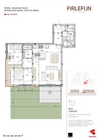 Ontdek deze exclusieve nieuwbouwresidentie Céleste, bestaande uit 14 BEN appartementen met 1, 2 of 3 slaapkamers met elk hun ruim terras. De appartementen zijn voorzien van een moderne afwerking, warmtepomp en ventilatiesysteem D. Met een mooie gemeenschappelijke tuin. 14 ondergrondse staanplaatsen aan 25.000 € excl kosten per staanplaats. 14 ondergrondse kelders aan 5.000 € excl kosten per kelder. <br />Dit gelijkvloers app (ca. 99 m²) beschikt over een inkomhal, apart gastentoilet, living met open ingerichte keuken, berging/wasplaats, badkamer met inloopdouche en dubbel lavabomeubel, 2 slaapkamers en een terras (ca 12 m²). Prijs: 330.165 euro excl. btw en registratie. <br />Rustig gelegen aan de rand van Sint-Niklaas. Gemakkelijke bereikbaarheid. <br />Meer info via olivier@immo-en-cie.be of 0475/970.780.