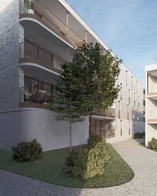 Nieuwbouwappartement op 1ste verdieping in blok E van project Mienas aan het kerkplein in As. Dit appartement is als volgt ingedeeld: inkomhal, toilet, woonkamer opgedeeld in zithoek en eethoek met open keuken, via schuifraam toegang tot terras, 2 slaapkamers, berging/technische ruimte. In de ondergrondse parkeergarage kan autostaanplaats en kelderberging aangekocht worden. De koper kan afwerking van vloer, keuken, badkamer en binnendeuren nog mee kiezen volgens budgetten die hiervoor voorzien zijn bij een leverancier aangeduid door de projectontwikkelaar.