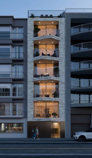 Prachtig nieuwbouw appartement gelegen nabij het centrum en het strand.  Hoogwaardige afwerking:  vloerverwarming, geothermische warmtepomp, blokdeuren, domotica, ...  Het appartemen bestaat uit: inkomhal, toilet, berging, ingerichte keuken, living met eetkamer uitgevend op het zongericht terras, slaapkamer met badkamer, terras (achterzijde).  Verdiep: twee slaapkamers met elk een groot terras, badkamer en afzonderlijk toilet.  Mogelijkheid tot aankoop private kelder (6.000 euro) en /of een parkeerplaats (50.000 euro).  Ref. Dunas 0501