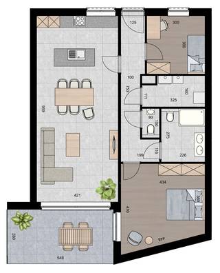 APPARTEMENT 1.4 (Verdieping 1)<br />- Opp. app.: 104 m²<br />- Terras: 15 m²<br /><br />INDELING:<br />Inkomhal, ruime woonkamer met open keuken, overdekt terras (15 m²), 2 slaapkamers, badkamer, apart toilet en berging/wasplaats.<br /><br />BIJKOMENDE INFO:<br />- Warmtepomp L/W met vloerverwarming- en koeling.<br />- Performant ventilatiesysteem voor een aangenaam binnenklimaat.<br />- Zonnepanelen.<br />- Lift aanwezig.<br />- Topligging vlakbij het centrum.<br />- Afwerking naar eigen smaak volgens lastenboek.<br />- Bij ieder appartement dient een inpandige parking met kelderberging naar keuze te worden aangekocht. De prijs voor een parking met bijhorende berging bedraagt € 22.000,-.<br />- Dit project komt in aanmerking voor de toepassing van het verlaagde BTW-tarief van 6% voor wie aan de wettelijke voorwaarden voldoet. Ook investeerders kunnen van deze aantrekkelijke maatregel genieten.<br /><br />INFORMEER NAAR DE VERKOOPSBROCHURE OP ONS KANTOOR.