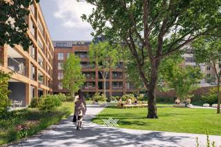 Dit appartement van 143 m² beschikt over een lichtrijke leefruimte met extra hoge plafonds en een zuid gericht terras van 28 m² met uitzicht op...