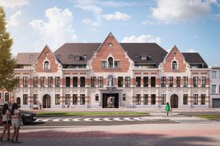 Nieuwbouw kantoor-/praktijkruimte van 373 m² te centrum Mortsel. De reconversie van de Sint-Lutgardisschool omvat gelijkvloerse kantoren...