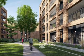 Dit tweeslaapkamer appartement van 97 m² beschikt over een lichtrijke leefruimte met hoge plafonds en rechtstreekse toegang tot het zuidwest...