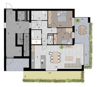 APPARTEMENT 0.3 (Gelijkvloers)<br />- Opp. app.: 96 m²<br />- Terras 18 m²<br />- Tuin: 24 m² <br /><br />INDELING:<br />Gemeenschappelijke trappenhal met lift en trap.<br />Inkomhal, toilet, ruime woonkamer met open keuken, ruim overdekt terras (18 m²), privé-tuin (24 m²). 2 slaapkamers, badkamer en berging/wasplaats.<br /><br />BIJKOMENDE INFO:<br />- Warmtepomp L/W met vloerverwarming- en koeling.<br />- Performant ventilatiesysteem voor een aangenaam binnenklimaat.<br />- Zonnepanelen.<br />- Lift aanwezig.<br />- Topligging vlakbij het centrum.<br />- Afwerking naar eigen smaak volgens lastenboek.<br />- Bij ieder appartement dient een inpandige parking met kelderberging naar keuze te worden aangekocht. De prijs voor een parking met bijhorende berging bedraagt € 22.000,-.<br />- Dit project komt in aanmerking voor de toepassing van het verlaagde BTW-tarief van 6% voor wie aan de wettelijke voorwaarden voldoet. Ook investeerders kunnen van deze aantrekkelijke maatregel genieten.<br /><br />INFORMEER NAAR DE VERKOOPSBROCHURE OP ONS KANTOOR.