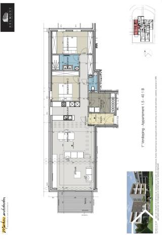 Het appartement is gelegen op de eerste verdieping en werd op plan ingedeeld als volgt: Open ingerichte keuken in leefruimte palend aan...