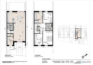 Deze gesloten bebouwing is uitstekend gelegen op een knooppunt van invalswegen en fietsautostrades naar onze hoofdstad. De woning heeft een modern uitzicht: een beige genuanceerde gevelsteen met donkergrijs buitenschrijnwerk en een plat dak vol zonnepanelen. Het perceel meet 193 m², de woonoppervlakte bedraagt 150 m². Op het gelijkvloers vinden we de inkomhal met apart toilet, de leefruimte met open keuken en een wasplaats. Via de vaste trap kom je op de eerste verdieping met 3 slaapkamers, de badkamer, inclusief douche, bad en dubbel lavabomeubel. Er is ook een apart toilet en technische ruimte voorzien. Er is ook een technische ruimte voorzien. Alle kamers zijn voorzien van vloerverwarming. Deze wordt aangedreven door een ecologische warmtepomp en zonnepanelen waardoor we een negatief E-peil bereiken van maar liefst -21. Voor de woning is er plaats om de wagen te plaatsen. Weet ook dat je de afwerking van de woning volledig zelf kan bepalen onder professionele begeleiding van onze interieurvormgevers. De woning wordt instapklaar opgeleverd. De zuidoost gerichte tuin wordt afgeboord met draadafsluiting. Bij Durabrik ben je zeker van een vaste prijs.<br /><br />Voor meer info, contacteer onze bouwadviseur via 09 280 60 60 of mail naar info@durabrik.be.<br />* Beelden en oppervlaktes zijn indicatief.<br /><br />