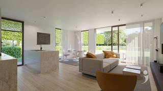 Spacious ground floor apartment with a large gardenApartment 01 is a spacious ground floor residence in the new construction section of Parkhof. The 97.68 m² living area accommodates an open living space with kitchen, two bedrooms, a bathroom, a separate toilet, and a practical storage room.The living area connects to a terrace of 24 m² and a private garden of no less than 175.36 m². This not only provides ample indoor space but also a full outdoor area for eating, relaxing, or gardening.The apartment will be energy-efficient finished with an individual heat pump, underfloor heating, and ventilation system D. You can customize the kitchen, sanitaryware, and flooring within the provided budgets. The shared park garden, bicycle storage, and above-ground parking complete the living comfort.