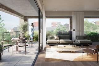 Dit hoekappartement van 108m² beschikt over een lichtrijke eet- en leefruimte met hoge plafonds en rechtstreekse toegang tot het terras van 30m²...