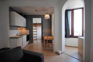 Stijlvol gemeubelde studio (ca 30m²) met geïnstalleerde keuken, leefruimte, slaapplaats met kast en bureau onder bed, badkamer en apart...