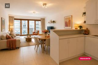 This well-maintained 2 bedroom apartment for sale is located along Koningsstraat within walking distance of shops, public transport, sea and beach.Layout:- spacious entrance hall- separate toilet- living room with well-equipped open kitchen (dishwasher, fridge with freezer, vitroceramic hob,...)- storage room with washing machine connection- separate toilet with hand wash basin- bathroom with bath and double washbasin- bedroom 1- bedroom 2- spacious sun terrace at the back of the apartmentPros: - sun terrace- centrally located (close to public transport, sea and beach, restaurants,...)- EPC label A- bicycle storage in the buildingLooking for a centrally located apartment for sale in the center of Ostend? Contact us for more information. These AI visualizations are intended as inspiration. No technical specifications, urban planning regulations, or concrete realization possibilities were taken into account.