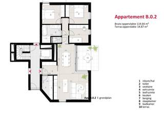 <p><strong>Ruim energiezuinig nieuwbouwappartement <span>op het gelijkvloers</span> met 3 slpks, terras, warmtepomp, vloerverwarming en privatieve zonnepanelen</strong></p>
<p>Op de hoek van de <strong>Spoorwegstraat en Bert Leysenlaan in Balen</strong> bevindt zich dit ruime en energiezuinige <strong>nieuwbouwappartement B.0.2</strong> met een bruto oppervlakte van <strong>119,04 m²</strong> en een aangenaam terras van <strong>14,87 m²</strong>.</p>
<p>Dit appartement combineert modern wooncomfort met een praktische en ruime indeling. Dankzij de aanwezigheid van <strong>vloerverwarming met warmtepomp</strong> en <strong>privatieve zonnepanelen</strong> geniet u van een comfortabele woonervaring met aandacht voor energiezuinigheid, duurzaamheid en hedendaags wonen.</p>
<p>Bij het betreden van het appartement komt u terecht in de <strong>inkomhal</strong>, waar ruimte voorzien is voor een <strong>vestiaire</strong>. Aansluitend bevindt zich een <strong>apart toilet</strong>. De inkomhal geeft toegang tot de verschillende leef- en nachtruimtes, waardoor het appartement zeer logisch en praktisch is ingedeeld.</p>
<p>De ruime en lichtrijke <strong>leefruimte</strong> vormt het hart van het appartement en biedt voldoende plaats voor een gezellige zithoek. Aansluitend bevindt zich de <strong>eetruimte</strong>, die mooi aansluit op het terras. Hierdoor ontstaat een aangename open woonbeleving waarbij binnen- en buitenleven op een natuurlijke manier met elkaar verbonden worden.</p>
<p>De <strong>keuken</strong> sluit praktisch aan bij de leef- en eetruimte en kan nog volledig naar eigen smaak gekozen worden. Zo krijgt u de mogelijkheid om de keukeninrichting af te stemmen op uw persoonlijke stijl, kookgewoontes en praktische wensen.</p>
<p>Verder beschikt het appartement over een <strong>praktische berging</strong>.</p>
<p>De nachtruimte bestaat uit <strong>3 slaapkamers</strong>, waardoor dit appartement bijzonder geschikt is voor gezinnen, koppels die extra ruimte wensen of wie graag een afzonderlijke bureau-, hobby- of logeerkamer voorziet. De <strong>badkamer met ligbad en douche </strong>is ruim en praktisch ingedeeld. Ook de verdere afwerking, zoals de vloer, keuken en badkamer, kan nog naar persoonlijke voorkeur worden bepaald. Hierdoor krijgt u de kans om het appartement volledig volgens uw eigen woonstijl af te werken.</p>
<p>Het terras van <strong>14,87 m²</strong> vormt een aangename buitenruimte waar u in alle rust kan genieten van een kop koffie of een aperitiefje. Dankzij de rechtstreekse verbinding met de eet- en leefruimte is dit terras een mooie uitbreiding van de woonruimte.</p>
<p><strong>Troeven van dit appartement</strong></p>
<ul>
<li><strong>119,04 m² bruto woonoppervlakte</strong></li>
<li><strong>14,87 m² terras</strong></li>
<li><strong>3 slaapkamers</strong></li>
<li><strong>Badkamer met ligbad en douche</strong></li>
<li>Energiezuinige nieuwbouw</li>
<li>Vloerverwarming met warmtepomp</li>
<li>Privatieve zonnepanelen</li>
<li>Ruime leefruimte met aansluitende eetruimte</li>
<li>Rechtstreekse verbinding met het terras</li>
<li>Keuken nog naar eigen smaak te kiezen</li>
<li>Praktische berging</li>
<li>Badkamer en vloerafwerking nog personaliseerbaar</li>
<li>Centrale ligging in Balen</li>
<li>Gelegen op het gelijkvloers</li>
<li><strong>6% btw</strong> mogelijk mits voldaan wordt aan de wettelijke voorwaarden</li>
</ul>
<p><strong>Aankoopvoorwaarden</strong></p>
<p>Bij dit appartement is de aankoop van volgende zaken verplicht:</p>
<ul>
<li><strong>1 privatieve berging</strong> aan € 6.000 excl. btw</li>
<li><strong>1 parkeerplaats</strong> aan € 25.000 excl. btw</li>
</ul>
<p><span><strong>ACTIE: Snelle beslissers genieten tijdelijk van 50% korting op de aankoop van een tweede parkeerplaats</strong></span></p>