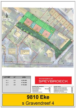 TE KOOP in EKE 'S Gravendreef 4 lot 1<br /><br />Mooi gelegen stuk bouwgrond voor het bouwen van een open bebouwing.<br /><br />Opp lot 1: +/- 543 m² Prijs Grond : € 205.000<br /><br />FORMULE WATER- EN WINDDICHT:<br />- Ruwbouwwerken<br />- Timmerwerken<br />- PVC ramen met beglazing kw 1.0<br />- Dak- &amp; zinkwerken<br />_________________<br />= € 303.296 excl. btw<br /><br />OPTIE AFWERKING:<br />- Elektriciteit en ventilatie<br />- Chape -en vloerisolatie<br />- Pleisterwerken<br />- Sanitaire werken ( HW toestellen = € 4.000 excl. btw )<br />- Warmtepomp lucht/water ( Viessmann )<br />- Bevloering ( HW vloer : 35€/m² HW plinten : 12.50€/lm HW wandtegels : 25€/m² )<br />- Keukeninstallatie ( HW = € 8.000 excl. btw)<br />- Binnen schrijnwerk<br />- Voegwerken<br />- Blowerdoortest<br />- Zonnepanelen 8st. ( 435 Wp )<br />_________________<br />= € 112.747 excl.btw<br /><br />WIJ BOUWEN OOK A LA CARTE<br />Opties zijn mogelijk tot net voor " Normale Bewoonbaarheid" (volgens aannemingsovereenkomst)<br />Informeer naar onze interessante HUISRUIL-FORMULE<br /><br />zie ook : WWW.SPEYBROECK.BE<br />Bel 0473 300 700 of GRATIS 0800 15 700<br /><br /> 