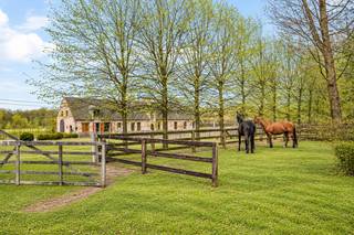 ‘Hof ter Beeldeken’ - Domein ‘Grote Spaandervoorthoeve anno1607’ met oppervlakte van 34.061m² en uitbreiding mogelijk<br /><br />Exclusieve villa aan het Vrieselhof – Future proof gerenoveerd<br /><br />Gelegen op de grens van Schilde en Oelegem, in het verlengde van het prestigieuze kasteeldomein Vrieselhof, bevindt zich deze uitzonderlijke authentieke hoeve op een volledig omheind domein van meer dan 3 hectare. Een zeldzame combinatie van landelijk erfgoed, tijdloze elegantie en eigentijds wooncomfort van het hoogste niveau — perfect gelegen op 3 minuten van centrum Schilde, met vlotte toegang tot de autostrade en alle invalswegen.<br /><br />Totaalrenovatie met oog voor elk detail<br />De hoeve werd volledig gestript en van de grond af heropgebouwd onder architecturale leiding, in de verfijnde stijl van Axel Vervoordt. Uitsluitend kwalitatief hoogstaande materialen kwamen aan bod, terwijl authentieke elementen — prachtige oude houten balken, afgeronde muren, handwerktechnieken — harmonieus werden geïntegreerd in een verfijnde afwerking. Sfeer en karakter gaan naadloos samen met modern comfort.<br />De renovatie werd consequent future proof uitgevoerd: volledig geïsoleerd, uitgerust met geothermie voor verwarming én zwembad, vloerverwarming en passieve koeling, openhaarden met warmterecuperatie, domotica, ledverlichting, tuinberegening. Eiken vloeren, houten ramen met raamklinken in hoorn — elk detail getuigt van een hoogwaardige nieuwbouwvisie met respect voor het authentieke karakter.<br /><br />Leefruimtes van uitzonderlijke klasse<br />Het hart van de woning is de ruime, volledig op maat gemaakte leefkeuken, hyper uitgerust met een La Cornue-fornuis; inductievuur, gasvuur en gasoven en elektrische oven, grill en warmhoudplaat, Miele-stoomoven, microgolfoven en een groot koeleiland met vaatwasser. Verder vinden we volwaardige maatkasten met in dezelfde afwerking doorgetrokken binnenwerk. <br />Aangebouwd bevindt zich een sierlijke smeedijzeren serre met gebogen, geïsoleerd en gewapend glas, die het hele jaar door baadt in natuurlijk licht en een panoramisch uitzicht biedt op de tuin en het omliggende groen.<br />Aanpalend liggen een tv-kamer met open haard en Bose-surroundsysteem voor de gezelligste avonden, en een imposante leefruimte rond een authentieke, 400 jaar oude open haard met afzuigsysteem en warmterecuperatie— tevens te gebruiken als extra eetkamer. Een derde ruime kamer met haard biedt alle vrijheid als atelier, bibliotheek of hobbykamer. <br />Gelijkvloers is er eveneens een gastenkamer met eigen douchekamer. <br />De afgewerkte kelderverdieping herbergt wasplaats, technische ruimte, een polyvalente ruimte voor wijn- of hobbykelder en alle technische installaties.<br /><br />Slaapverdieping<br />De hoofdtrap leidt naar de mastersuite, een comfortabel slaapvertrek, een royale dressing met eiland en een luxueuze badkamer met Dronbracht kraanwerk,met vrijstaand bad, dubbele regendouche, twee lavabo's en toilet. <br />Verder een stijlvolle slaapkamer met eigen douchekamer, lavabo en toilet. <br /><br />Een tweede trap geeft toegang tot twee ruime slaapkamers met ingebouwde kasten en bureelhoek, een badkamer met ligbad en dubbele lavabo, en een apart toilet. <br />De volledige bovenverdieping is doorloopbaar en afsluitbaar te compartimenteren. <br />De slaapkamers en de keuken zijn voorzien van airconditioning.<br /><br />Een grote bijruimte met drie openslaande houten deuren naar de privatieve tuin doet momenteel dienst als bergruimte. Als uitzonderlijke troef is hier reeds een voorbereid voor een binnenzwembad 9 X 4met wellness aanwezig: de zwembadkuip ligt klaar onder de eenvoudig te verwijderen vloer, zodat de mogelijkheden reëel en uiterst toegankelijk zijn.<br /><br />Buitenleven & bijzondere troeven<br />Het domein overtuigt evenzeer buiten de muren met meer dan 1 ha aangelegde parktuin met eenvoudig onderhoud en wandelpaden voorzien van kastanje houten omheining en 10 toegangspoorten.<br />De tuin is volledig omheind en voorzien van, volgens lichtstudie, geplaatste led-tuinverlichting van Royal Botania.<br />Een schitterend overloopbuitenzwembad in mozaïek van 12.5m X 5m met weggewerkt roldek, een tennisveld en prachtig aangelegde groenpartijen en terrassen in blauwe steen maken van dit eigendom een ware vakantiebestemming op eigen terrein. <br />Een aangelegd bosgedeelte op het perceel garandeert absolute privacy en een intens natuurgevoel.<br />Paardenliefhebbers worden hier bijzonder verwend: de woning beschikt over een paardenlocatie nabij de villa en een verder op het domein plaats met directe toegang tot de omliggende ruiterpaden.<br />Het domein is een perfecte uitvalsbasis voor ruiters. Het uitgebreide netwerk van wandel-, fiets- en paardenroutes begint letterlijk aan de deur.<br /><br />6 Parkeerplaatsen op eigen terrein met laadfunctie (380v) voor elektrische wagens.<br /><br />Uniek in zijn soort<br />Deze exclusieve hoeve is een harmonieuze mix van ambachtelijke perfectie, technologische innovatie en tijdloze elegantie op een uitzonderlijk domein van meer dan 30.000 m² eigen grond en op 5 minuten van Schilde<br /><br />Een eigendom waar rust, ruimte en verfijnd comfort samenvloeien in een omgeving van zeldzame schoonheid.<br /><br />Buitengewone kenmerken<br />- Totale energetische Future Proof renovatie <br />- High End detailafwerking en materialen: Eiken Parket Corvelyn, Bourgondische dal, Marmer, Blauwe steen<br />- Geothermie Brio Therm; vloerverwarming en passieve koeling<br />- Automatische tuinberegening<br />- Omheind<br />- Volledig instapklaar<br />- Prachtig domein<br />- Volledige rust en privacy<br />- Paarden, pony's of geitjes aan huis<br />- Paardenwandelroute en fietsroutes starten voor de deur<br />- Volledige bereikbaarheid: 5 min. van Schilde centrum<br />- Vlotte verbinding naar alle invalswegen en de autostrade.