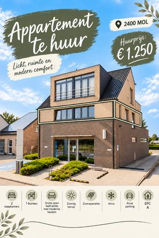 <p>🏡 Ruim en lichtrijk appartement te huur in Mol</p><p>Ruim en energiezuinig appartement van ca. 120 m² op de 1e verdieping, rustig gelegen nabij het centrum van Mol en vlak bij de natuur.</p><p>Het appartement beschikt over een ruime inkomhal, een grote open leefruimte met veel natuurlijke lichtinval en een volledig uitgeruste keuken met eiland, inductiekookplaat, vaatwasser en combi-oven.</p><p>Verder zijn er 2 ruime slaapkamers, een apart bureau, badkamer met wasplaats, apart toilet en maar liefst 2 praktische bergingen.</p><p>☀️ Absolute troef is het grote terras van ca. 35 m² met avondzon en uitzicht op het groen.</p><p>Extra comfort:</p><p>Airconditioning in de leefruimte én slaapkamers</p><p>Zonnepanelen</p><p>Vliegenramen</p><p>Verduisterende gordijnen in de slaapkamers</p><p>Gordijnen in de leefruimte</p><p>Privéparking op afgesloten terrein met slagboom en camerabewaking</p><p>Fietsenstalling in het gebouw</p><p>Eigen kelderberging</p><p>📍 2400 Mol – rustige ligging met school, bakker en beenhouwer op wandelafstand en zowel centrum als natuur vlakbij.</p><p>💶 Huurprijs: €1250/maand, exclusief gemeenschappelijke kosten (50€).<br />🐾 Kleine huisdieren toegestaan.<br />🔑 Beschikbaar vanaf december 2026</p>