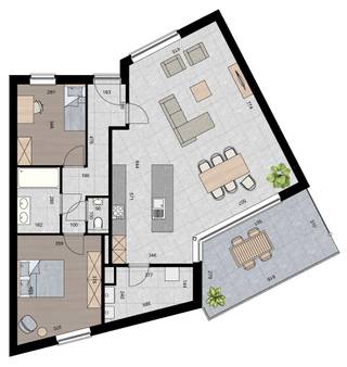 APPARTEMENT 1.5 (Verdieping 1)<br />- Opp. app.: 117 m²<br />- Terras: 18 m²<br /><br />INDELING:<br />Inkomhal, ruime woonkamer met open keuken, overdekt terras (18 m²), berging/wasplaats, 2 slaapkamers, badkamer en apart toilet.<br /><br />BIJKOMENDE INFO:<br />- Warmtepomp L/W met vloerverwarming- en koeling.<br />- Performant ventilatiesysteem voor een aangenaam binnenklimaat.<br />- Zonnepanelen.<br />- Lift aanwezig.<br />- Topligging vlakbij het centrum.<br />- Afwerking naar eigen smaak volgens lastenboek.<br />- Bij ieder appartement dient een inpandige parking met kelderberging naar keuze te worden aangekocht. De prijs voor een parking met bijhorende berging bedraagt € 22.000,-.<br />- Dit project komt in aanmerking voor de toepassing van het verlaagde BTW-tarief van 6% voor wie aan de wettelijke voorwaarden voldoet. Ook investeerders kunnen van deze aantrekkelijke maatregel genieten.<br /><br />INFORMEER NAAR DE VERKOOPSBROCHURE OP ONS KANTOOR.