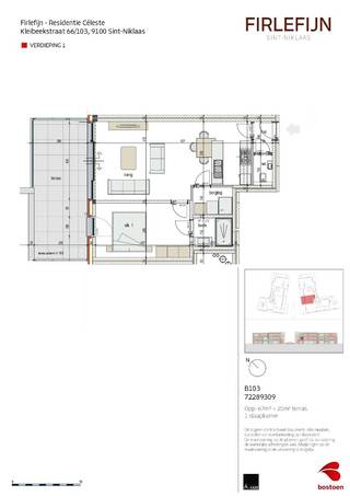Ontdek deze exclusieve nieuwbouwresidentie Céleste, bestaande uit 14 BEN appartementen met 1, 2 of 3 slaapkamers met elk hun ruim terras. De appartementen zijn voorzien van een moderne afwerking, warmtepomp en ventilatiesysteem D. Met een mooie gemeenschappelijke tuin. 14 ondergrondse staanplaatsen aan 25.000 € excl kosten per staanplaats. 14 ondergrondse kelders aan 5.000 € excl kosten per kelder. <br />Dit app op de 1e verdieping (ca 67 m²) beschikt over een inkomhal, apart gastentoilet, living met open ingerichte keuken, berging/wasplaats, badkamer met inloopdouche en dubbel lavabomeubel, 1 slaapkamer en een terras (ca 20 m²). <br />Prijs: 244.550 euro excl btw en registratie.<br />Rustig gelegen aan de rand van Sint-Niklaas. Gemakkelijke bereikbaarheid. <br />Meer info via olivier@immo-en-cie.be of 0475/970.780.