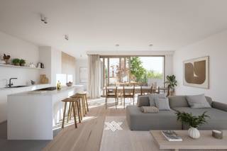 Dit tweeslaapkamerappartement van 92.35 m² beschikt over een inkomhal met plaats voor een vestiairekast, een lichtrijke eet- en leefruimte, een open keuken met annex berging, twee slaapkamers, een afzonderlijk toilet en een badkamer uitgerust met een dubbele wastafel en een inloopdouche. Daarenboven beschikt dit appartement over een zuidelijk georiënteerd terras van 15,65 m².<br /><br />Dit appartement is gelegen in het nieuwbouwproject Wallenhof te Olsene, een stijlvol en doordacht ontworpen nieuwbouwproject dat staat voor hedendaags wonen in een harmonieuze omgeving met veel groen, dynamische zichten en een vlotte bereikbaarheid. Het project omvat 17 comfortabele appartementen met een gevarieerd aanbod van twee- en drieslaapkamerunits.<br /><br />Elk appartement is ontworpen met veel aandacht voor licht, ruimte en leefkwaliteit, en biedt een sterke balans tussen esthetiek en functionaliteit.<br /><br />Tot slot krijgt elke koper de mogelijkheid om zijn of haar appartement volledig naar eigen smaak af te werken. Dankzij ruime afwerkingsbudgetten voor keuken, vloerbekleding en sanitair die integraal in de aankoopprijs zijn inbegrepen, creëert u een woonst die volledig aansluit bij uw persoonlijke stijl en behoeften. <br /><br />Meer info omtrent dit aanbod? maak uw vrijblijvende afspraak via guillian@landbergh.be of 09 278 78 79