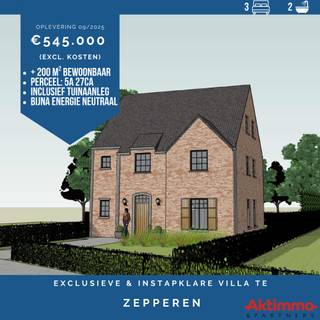 Volledig instapklare nieuwbouwvilla in Zepperen. <strong>Oplevering voorzien in september 2025</strong>.<br /><br />In het charmante Zepperen, deelgemeente van Sint-Truiden, bieden we deze volledig instapklare en afgewerkte nieuwbouwvilla aan, met oplevering gepland in september. De woning biedt meer dan 200 m² bewoonbare oppervlakte op een perceel van iets meer dan 5 are en onderscheidt zich door een hoogwaardige afwerking, energiezuinigheid en een doordachte indeling.<br /><br />De ruime leefruimte baadt in het licht dankzij de grote raampartijen en sluit naadloos aan op de maatwerkkeuken, die voorzien is van een keramisch werkblad, geïntegreerde koffiehoek en veel handige lades. Aansluitend bevindt zich een bijzonder ruime berging met aansluiting voor wasmachine en droogkast. Overal werd gekozen voor zeer kwalitatieve materialen.<br /><br />Op de eerste verdieping bevinden zich drie volwaardige slaapkamers, waarvan één met een royale inloopdressing. Verder zijn er twee volledig uitgeruste badkamers met onder andere een vrijstaand bad, inloopdouche, dubbele lavabo, een derde toilet en een strakke afwerking die luxe en comfort uitstralen. De vaste trap naar de tweede verdieping biedt ruimte voor verdere uitbreiding, zoals extra kamers of een hobbyruimte.<br /><br />Dankzij het bijzonder lage E-peil van 13 komt u in aanmerking voor een aanzienlijke korting op de onroerende voorheffing gedurende vijf jaar. Bovendien werd maximaal ingezet op comfort en hedendaagse technologie: vloerverwarming, een geavanceerd ventilatiesysteem, domotica via Niko Home Control, een waterontharder en stijlvolle verlichtingsarmaturen zijn allemaal reeds inbegrepen.<br /><br />De buitenaanleg is volledig inbegrepen en bestaat uit een verzorgde voortuin, oprit, wandelpad, terras en een ruime tuinberging. Alles werd tot in de puntjes afgewerkt zodat u zonder zorgen kan verhuizen.<br /><br />Deze nieuwbouwwoning vormt de perfecte kans voor wie meteen wil intrekken in een kwalitatieve, volledig afgewerkte woning, zonder jarenlange wachttijd of extra zorgen. U geniet hier van hoogwaardige kwaliteit en modern comfort in een rustige, groene omgeving vlak bij Sint-Truiden. Neem gerust contact op voor meer informatie of een bezichtiging ter plaatse.