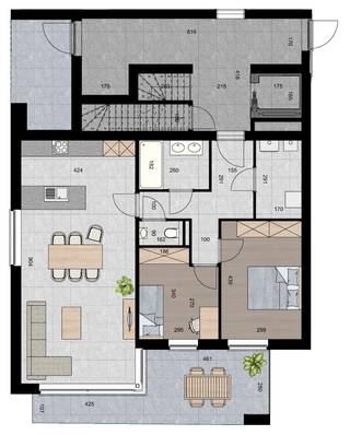 APPARTEMENT 1.3 (Verdieping 1)<br />- Opp. app.: 95 m²<br />- Terras: 17 m²<br /><br />INDELING:<br />Gemeenschappelijk inkomhal met trap en lift.<br />Inkomhal, toilet, ruime woonkamer met open keuken, overdekt terras (17 m²), 2 slaapkamers, badkamer en berging/wasplaats.<br /><br />BIJKOMENDE INFO:<br />- Warmtepomp L/W met vloerverwarming- en koeling.<br />- Performant ventilatiesysteem voor een aangenaam binnenklimaat.<br />- Zonnepanelen.<br />- Lift aanwezig.<br />- Topligging vlakbij het centrum.<br />- Afwerking naar eigen smaak volgens lastenboek.<br />- Bij ieder appartement dient een inpandige parking met kelderberging naar keuze te worden aangekocht. De prijs voor een parking met bijhorende berging bedraagt € 22.000,-.<br />- Dit project komt in aanmerking voor de toepassing van het verlaagde BTW-tarief van 6% voor wie aan de wettelijke voorwaarden voldoet. Ook investeerders kunnen van deze aantrekkelijke maatregel genieten.<br /><br />INFORMEER NAAR DE VERKOOPSBROCHURE OP ONS KANTOOR.