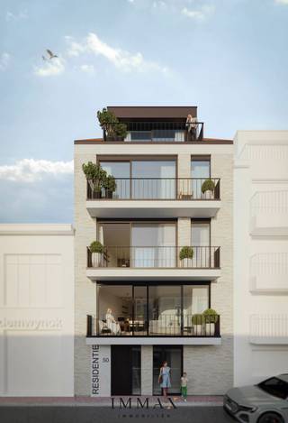 Dit prachtige project belichaamt stijlvol wonen in Knokke, waar hoogwaardige architectuur en <br />verfijnde afwerking samenkomen om een uitzonderlijke woonervaring te bieden.<br /><br />Locatie:<br />Deze unieke residentie is gelegen aan Kerkstraat 50 te Knokke-Heist op wandelafstand van het strand en nabij winkels, supermarkten en invalswegen. Dit kleinschalige, stijlvolle project bestaat uit vier moderne appartementen met 1 tot 2 slaapkamers, inclusief een duplexappartement met privétuin. <br /><br />Indeling en Voorzieningen<br />- Gelijkvloers: inkomhal, fietsenstalling, vuilnislokaal, vier privatieve bergingen, en een tuin. <br />- Appartementen: ruime en lichtrijke indelingen, hoogwaardige keukens en badkamers, en royale terrassen. <br />- Gemeenschappelijke delen: lift, inkomhal met videofonie, en een hoogwaardige afwerking. <br /><br />Afwerking en Comfort<br />- Strakke architectuur met duurzame en tijdloze materialen. <br />- Vloerverwarming en superisolerende beglazing voor optimaal comfort. <br />- Energiezuinig ontwerp (E-peil ≤ 26) met zonnepanelen en regenwaterrecuperatie. <br />- Uitstekende thermische en akoestische isolatie. <br /><br />Keuzemogelijkheden <br />Kopers genieten van de mogelijkheid tot maatwerk voor afwerkingen zoals keukens en vloeren binnen een flexibel budget. Eventuele aanpassingen aan het standaardpakket zijn bespreekbaar. <br /><br />Aarzel niet om ons te contacteren voor meer informatie via: tel.: 050 62 44 14 of via knokke@immax.be