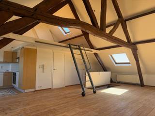 Dit volledig vernieuwde dakappartement bevindt zich op de 3e verdieping, zonder lift. Door de open inrichting krijg je een loftgevoel. De kamer op de mezzanine is te bereiken via een laddertrap in de woonkamer. Er is een geïnstalleerde keuken met frigo en oven aanwezig. In de badkamer, met ligbad en douchefunctie is er een wc en lavabo met kastjes. Een aparte berging met reeds geplaatste rekken is ook voorzien. Ideaal voor wie in de stad wilt wonen, vlakbij invalswegen en openbaar vervoer. Huurprijs is 750€.