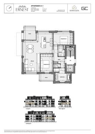 Dit lichtrijke appartement bevindt zich op het eerste verdiep van het moderne nieuwbouwproject Ernest en biedt een bewoonbare oppervlakte van maar liefst 111,91 m².<br /><br />Via de inkomhal heeft u toegang tot een apart toilet, een ruime berging, de badkamer met ligbad en dubbele wastafel en twee slaapkamers, waarvan één met rechtstreekse toegang tot het terras.<br />Aansluitend komt u in de open keuken met aangrenzende grote leefruimte die uitkomt op het gezellige terras, ideaal voor ontspannen momenten of gezellige diners in de buitenlucht.<br /><br />Alle oppervlaktes zijn BVO. EPC en KI zijn nog niet gekend.<br /><br />De foto’s zijn louter illustratief.