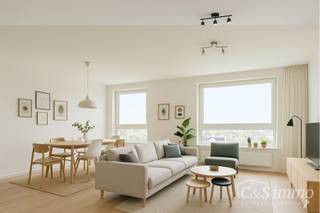 Dit instapklaar appartement (ca..94 m² ) bevindt zich op de 12e verdieping met waterzicht, op het bruisende Eilandje aan de Montevideo en op fietsafstand van het centrum. Inkomhal met toegang tot berging en apart toilet met handenwasser. Ruime woon- en eetkamer (ca. 43m²) op parketvloer met grote raampartijen en toegang tot het terras (ca.9m²). Zowel vanuit de woonkamer als het terras kan u ongestoord genieten van een uniek uitzicht over de Schelde en de dokken. De open ingerichte kwalitatieve keuken op tegelvloer is voorzien van een oven, keramisch kookplaat, koelkast met vriesvak en vaatwasser. Masterbedroom (ca. 15m²) en een tweede slaapkamer (ca. 11m²) alsook op parket. Deze laatste is ook perfect in te richten als bureau, hobbyruimte of kinderkamer. Op het einde van de hal bevindt zich een ingerichte badkamer op tegelvloer voorzien van ligbad met douchemogelijkheid, handdoekradiator en dubbel badkamermeubel. Kelderberging. Autostaanplaats voor €35.000. Toplocatie met alle winkels en restaurants op loopafstand. Kelderberging inclusief.