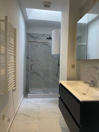 Deze ruime studio is gelegen in een kleinschalig totaal vernieuwd gebouw. De studio is op de gelijkvloerse verdieping en heeft hoge plafonds waardoor het super ruimtelijk aanvoelt. Er zijn grote hoge ramen waardoor er veel licht is. Rolluiken. Deze studio heeft een mooi uitgeruste keuken . Het is één grote ruimte waar je een slaaphoek in kan maken. Er is een grote badkamer met douche, lavabo met meubel, handdoek-droger en hang-toilet. De badkamer is volledig betegeld. Zeer gezellige sfeervolle studio. Mooie laminaatvloer. Instapklaar! Er is een gemeenschappelijke kelder. Kosten water 20 eur per maand , aparte gas/elektriciteitsmeter. Verwarming op warmte pomp voor verwarmen en koelen airco. Energiezuinig.  Arei conforme elektriciteit. Geen asbest. Conformiteitsattest. WWW.domus-immobilien.be of voor een bezoek bel Irene 0475/653581