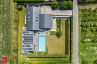 Afgeschermd van straatbeeld en met toegangsdreef bereikbaar. Ruime tijdloos hernieuwde villa (462m² vloeroppervlakte) bestaande uit een inkomhall, living met open haard, ingerichte keuken (Fraeye), eetruimte, annex berging met toegang tot mooie kelder en zolder, 3 slaapkamers (1 beneden), badkamer en bureel op verdieping. Aangesloten uitbouw met hoofdslaapkamer / dressing, / badkamer, leefruimte met open haard, sauna, ontspanningsruimte, technische ruimte. Garage voor 2 wagens, carport met tuinberging en parking. Zwembad (Bob Monteyne) met buitendouche. Alle modern comfort (vloerverwarming, 59m² zonnepanelen met groenestroomcertificaten tot 2032, 20.000 l regenwater etc)