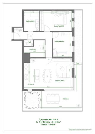 Mooi ruim appartement op de 2de verdieping met een ruime leefruimte met open keuken en aansluitende berging, 2 slaapkamers, badkamer met douche...