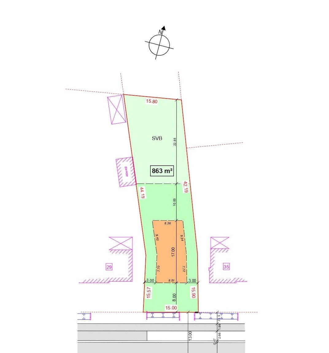 Een perceel bouwgrond voor open bebouwing en gelegen op 8a 63ca met een straatbreedte van 15m.