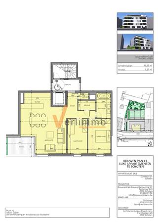<p><span>Nieuwbouw 2-slaapkamer (2de VERDIEPING) appartement in Schoten , Curielaan 14<br />UNIT 8</span></p><p><span>In het centrum van Schoten komt dit gloednieuwe 2-slaapkamer appartement met zonnig terras. Je woont energiezuinig (BEN-ambitie), met standaard vloerverwarming, zonnepanelen en voorbereiding voor laadpalen in de parkeergarage.</span></p><p><span>Indeling<br />Inkom , leefruimte met open keuken en grote raampartij naar het terras, 2 slaapkamers, badkamer , apart toilet , berging.</span></p><p><span>Pluspunten</span></p><ul><li><span>Nieuwbouw: </span></li><li><span>terras (zonnige oriëntatie)</span></li><li><span>Comfort: vloerverwarming (standaard), moderne ventilatie, mooie afwerkingsbudgetten (onze standaard = luxe)</span></li><li><span>Duurzaam: BEN-ambitie, zonnepanelen, lage verbruikskosten</span></li><li><span>Praktisch: ondergrondse autostaanplaats mogelijk bij aan te kopen (+laadpaal )  en privé kelderberging verplicht</span></li><li><span>Fietsvoorzieningen: stalling boven- én ondergronds</span></li><li><span>Ligging: rustig en toch centraal , winkels, horeca en openbaar vervoer op wandelafstand</span></li></ul><p><span>Interesse?<br />Vraag plannen, lastenboek en prijslijst op. We maken graag snel een afspraak.</span></p><p><span> </span></p>
