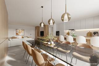 Voor meer info en foto’s, surf naar www.swevers.be – Op een centrale ligging in Helchteren vinden we dit instapklare nieuwbouwappartement (112 m²) op het gelijkvloers. U geniet hier van maximale privacy, zonder gemeenschappelijke kosten. Het bevat een zeer ruime, open leefruimte en keuken gericht naar de tuin die aangelegd wordt en voorzien van terras. Verder beschikt het appartement over een vrijstaande garage en ruime berging. De slaapkamers meten respectievelijk 16m² en 10m², gelegen naast de badkamer met ruimte voor bad en douche. Een ruime inkomhal en apart toilet maken het af. Zonnepanelen, vloerverwarming, warmtepomp en een regenwaterput vormen de kers op de taart. Winkels, scholen en openbaar vervoer liggen binnen 500 meter, en ontspanning vindt u vlakbij. De afwerking ligt nog niet vast en kan dus nog naar eigen wensen ingevuld/aangepast worden. Zelfs casco+ is mogelijk indien gewenst. Voor meer informatie, bel 011 255 155. Bron bewoonbare oppervlakte: EPC – verslag.