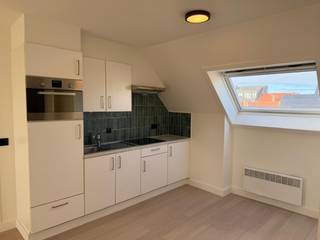 Deze studio bevindt zich op de 3e verdieping, juist onder het dak. <br />De ruime studio omvat een woonkamer met open keuken, badkamer en apart toilet. De veluxen zorgen ervoor dat u de hele dag kan genieten van invallend zonlicht. <br />De keuken is uitgerust met koelkast en diepvries, keramische kookplaat en COMBI oven. van een De badkamer is voorzien van een douche, badkamermeubel met lavabo en apart toilet.<br />Er is ook plaats voor de installatie van een wasmachine.<br />In het gebouw is er geen lift. <br /><br />30 euro provisie algemene onkosten.
