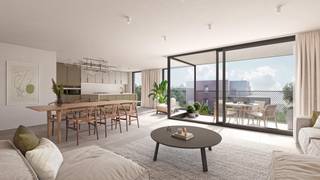 Residentie Souvereyn bestaat uit 27 appartementen met 1, 2 of 3 slaapkamers en oppervlaktes tussen 64 en 136 m². Met een ruim terras of privétuin, verfijnde architectuur, ondergrondse staanplaatsen en duurzame energiebronnen zet het project energiezuinigheid, kwaliteit en wooncomfort voorop. <br /><br />Appartement A3.2 bevindt zich op de derde verdieping en heeft een oppervlakte van 103m². Het beschikt over een open ingerichte keuken, 2 slaapkamers en een ruim terras van 16m².