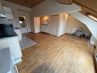 Dit appartement bevindt zich op de derde verdieping van een kleinschalig gebouw zonder lift. De lichtrijke leefruimte van ongeveer 32 m² geeft toegang tot een aangenaam terras en sluit aan op een open, semi-ingerichte keuken. De slaapkamer van 14 m² biedt voldoende ruimte en comfort. Daarnaast is er een bergruimte voorzien voor een wasmachine. De badkamer van 3,2 m² is uitgerust met een douche, toilet en lavabo. Via een trap bereikt u de zolderkamer van 9 m², voorzien van een velux-dakraam en een kleine lavabo, ideaal als bureau, dressing of hobbyruimte. Er werd recent een nieuwe individuele gasketel geplaatst. Het appartement beschikt over een individuele elektriciteitsmeter en een tussenteller voor het verbruik van het water (provisie van 25€ per maand). Onmiddellijk beschikbaar.