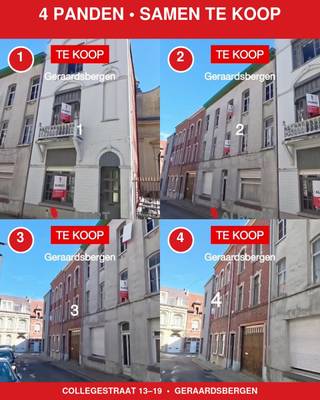 EMPLACEMENT DE PROJET UNIQUE DANS LE CENTRE DE GERAARDSBERGEN<br /><br />Dans la rue College, aux numéros 13 à 19, quatre bâtiments contigus sont proposés. Grâce à la largeur totale de la rue de plus de 30 mètres et à une profondeur variant d'environ 13 à 20 mètres, cet ensemble représente une opportunité exceptionnelle pour les promoteurs et investisseurs.<br /><br />Actuellement, la propriété se compose de quatre maisons familiales séparées. Cependant, l'emplacement, la superficie et la large façade offrent des possibilités intéressantes pour un nouveau développement résidentiel, comme la création de plusieurs appartements, éventuellement combinés avec d'autres fonctions.<br /><br />Le développement ou le changement de destination reste toujours soumis à l'obtention des permis d'urbanisme nécessaires. Les acheteurs doivent coordonner leur projet au préalable avec les services municipaux compétents.<br />Une opportunité d'investissement particulièrement polyvalente dans un emplacement central à Geraardsbergen, idéale pour ceux qui recherchent un projet avec de l'ampleur, de la visibilité et un potentiel de développement. Contactez Matthias pour plus d'informations. 0478 32 77 70 Matthias@albert.immo