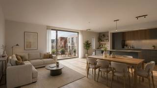 Mogelijkheid tot aankoop aan 6% BTW!<br /><br />Dit toekomstgerichte appartement maakt deel uit van een hoogwaardig nieuwbouwproject en combineert een moderne architectuur met een aangenaam wooncomfort. De open leefruimte met geïntegreerde keuken en eetplaats vormt het hart van de woning en creëert een lichtrijke, uitnodigende sfeer.<br /><br />Via het grote schuifraam sluit de leefruimte naadloos aan op het terras, waardoor binnen- en buitenleven mooi in elkaar overvloeien en je extra leefruimte geniet om te ontspannen.<br /><br />Het appartement beschikt over twee slaapkamers, een badkamer, een afzonderlijk toilet en een praktische technische berging. De doordachte indeling zorgt voor een optimaal ruimtegebruik en een hedendaagse woonkwaliteit.<br /><br />Een toekomstgerichte woonoplossing die comfort, functionaliteit en buitenruimte combineert, ideaal als eigen woning of als interessante investering binnen een nieuwbouwproject.<br /><br />Ook andere appartementen beschikbaar – plannen hieronder te bekijken.<br /><br />