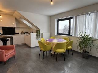 Appartement ensoleillé sur les toits comprenant une chambre, un salon avec cuisine ouverte, une salle de bains, une pièce de rangement, un sous-sol, une terrasse ensoleillée et un abri à vélos.