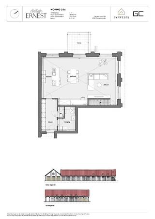Deze moderne woning maakt deel uit van het nieuwbouwproject Ernest in Oudenaarde – een eigentijdse en duurzame woonontwikkeling op een gunstige locatie.<br /><br />Op het gelijkvloers komt u binnen via de inkomhal met een apart toilet en ruime berging. Van daaruit stapt u binnen in de lichtrijke leefruimte met open keuken – het kloppend hart van de woning. Grote raampartijen zorgen voor een directe verbinding met het aangename terras, ideaal voor een ontspannen moment of een diner in de buitenlucht.<br /><br />De eerste verdieping omvat een nachthal, een apart toilet en een moderne badkamer met inloopdouche en dubbele wastafel. Daarnaast zijn er twee volwaardige slaapkamers, een open vide en een extra ruimte die perfect dienst kan doen als speel- of leeshoek – een veelzijdige aanvulling op het wooncomfort.<br /><br />Een bijkomende troef is de aangename groenzone, die rust en privacy biedt en het buitengevoel versterkt.<br /><br />Deze woning combineert hedendaagse architectuur met functioneel wooncomfort – perfect voor wie modern en flexibel wil wonen.<br /><br />Alle oppervlaktes zijn BVO. EPC en KI zijn nog niet gekend.<br /><br />De foto’s zijn louter illustratief.