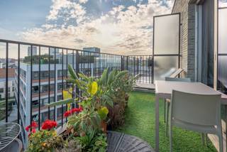 <h1>Lichtrijk appartement met zuidgericht terras en skyline-zicht</h1>
<p>Op de zesde verdieping wacht u elke dag een panoramisch zicht over de Antwerpse skyline. U woont hier in den Dam, een bruisende wijk in volle opmars: Park Spoor Noord om de hoek, de Slachthuissite in ontwikkeling, binnenkort zwemmen in het Lobroekdok en het Eilandje op wandelafstand.</p>
<p>Het gebouw dateert van 2015, opgeleverd in 2017 en het appartement behaalt dan ook een EPC-label A (92 kWh/m²): energiezuinig wonen zonder zorgen en zonder renovatieverplichting. Het appartement van ±50 m² omvat een lichtrijke leefruimte, één slaapkamer en een terras van 10 m², pal zuid georiënteerd, zon van 's ochtends tot 's avonds, met de skyline als decor.</p>
<p>Extra troef: alle meubels zijn inbegrepen in de prijs. U stapt hier letterlijk met uw koffer binnen — ideaal als eerste eigen woonst, pied-à-terre of meteen verhuurklare investering. Een private kelderberging en een gemeenschappelijke fietsenberging vlak bij de lift maken het plaatje compleet.</p>
<p><strong>Troeven op een rij</strong></p>
<p>+ Zesde verdieping met panoramisch zicht op de Antwerpse skyline<br />+ Terras van 10 m², pal zuid georiënteerd<br />+ EPC-label A (92 kWh/m²), recent gebouw uit 2015<br />+ Volledig bemeubeld: instapklaar of meteen verhuurklaar<br />+ Private kelderberging én gemeenschappelijke fietsenberging aan de lift<br />+ Den Dam: Park Spoor Noord, de Slachthuissite, het Lobroekdok en het Eilandje binnen handbereik</p>
<p>Elke dag thuiskomen met dit uitzicht? Bel snel 0478.65.04.73 en plan een bezichtiging in!</p>