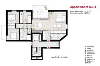 <p><strong>Ruim <span>gelijkvloers </span>nieuwbouwappartement met 3 slaapkamers, terras, warmtepomp, vloerverwarming en privatieve zonnepanelen</strong></p>
<p>Op de hoek van de <strong>Spoorwegstraat en Bert Leysenlaan in Balen</strong> bevindt zich dit ruime en energiezuinige <strong>nieuwbouwappartement A.0.3</strong> met een bruto oppervlakte van <strong>118,91 m²</strong> en een aangenaam terras van <strong>14,87 m²</strong>.</p>
<p>Dit appartement combineert modern wooncomfort met een praktische en ruime indeling. Dankzij de aanwezigheid van <strong>vloerverwarming met warmtepomp</strong> en <strong>privatieve zonnepanelen</strong> geniet u van een comfortabele en energiezuinige woonervaring, met aandacht voor duurzaamheid en lage energiekosten.</p>
<p>Bij het betreden van het appartement komt u terecht in de <strong>inkomhal</strong>, waar ruimte voorzien is voor een vestiaire. Aansluitend bevindt zich een <strong>apart toilet</strong>. Vanuit de inkomhal heeft u toegang tot de centrale leefruimte, die opgedeeld is in een gezellige <strong>eetruimte</strong> en een ruime <strong>leefruimte</strong>. Deze open woonzone vormt het hart van het appartement en biedt voldoende plaats voor een comfortabele zithoek en eetplaats.</p>
<p>De <strong>keuken</strong> sluit mooi aan bij de leefruimte en kan nog volledig naar eigen smaak gekozen worden. Zo krijgt u de kans om de keukeninrichting af te stemmen op uw persoonlijke stijl en praktische wensen.</p>
<p>Verder beschikt het appartement over een <strong>praktische berging</strong>, ideaal als extra opbergruimte of technische ruimte.</p>
<p>De nachtruimte bestaat uit <strong>3 slaapkamers</strong>, waardoor dit appartement bijzonder geschikt is voor gezinnen, koppels die extra ruimte wensen, of wie nood heeft aan een bureau, logeerkamer of hobbyruimte. De <strong>badkamer met ligbad en douche</strong> is praktisch ingedeeld en kan, net zoals de vloerafwerking en keuken, nog verder naar persoonlijke voorkeur worden afgewerkt.</p>
<p>Het ruime terras van <strong>14,87 m²</strong> vormt een aangename buitenruimte waar u in alle rust kan genieten van een kop koffie, een aperitief of een gezellige buitenmaaltijd.</p>
<p><strong>Troeven van dit appartement</strong></p>
<ul>
<li><strong>118,91 m² bruto woonoppervlakte</strong></li>
<li><strong>14,87 m² terras</strong></li>
<li><strong>3 slaapkamers</strong></li>
<li><strong>badkamer met ligbad en douche</strong></li>
<li>Energiezuinige nieuwbouw</li>
<li>Vloerverwarming met warmtepomp</li>
<li>Privatieve zonnepanelen</li>
<li>Ruime leefruimte met open eetruimte</li>
<li>Keuken nog naar eigen smaak te kiezen</li>
<li>Praktische berging</li>
<li>Badkamer en vloerafwerking nog personaliseerbaar</li>
<li>Centrale ligging in Balen</li>
<li><strong>6% btw</strong> mogelijk mits voldaan wordt aan de wettelijke voorwaarden</li>
</ul>
<p><strong>Aankoopvoorwaarden</strong></p>
<p>Bij dit appartement is de aankoop van volgende zaken verplicht:</p>
<ul>
<li><strong>1 privatieve berging</strong> aan € 6.000 excl. btw</li>
<li><strong>1 parkeerplaats</strong> aan € 25.000 excl. btw</li>
</ul>
<p><span><strong>ACTIE: Snelle beslissers genieten tijdelijk van 50% korting op de aankoop van een tweede parkeerplaats</strong></span></p>