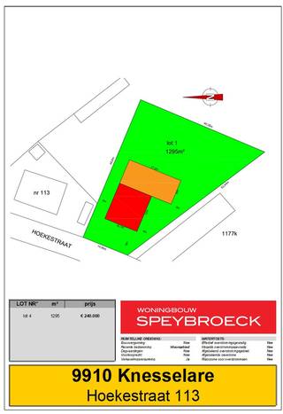 Mooi, ruim perceel bouwgrond voor het bouwen van een open bebouwing.<br /><br />Lot 4: Opp. : +/- 1295m²    Prijs grond : € 240.000<br /><br />FORMULE WATER- EN WINDDICHT:<br />- Ruwbouwwerken<br />- Timmerwerken<br />- PVC ramen met beglazing kw 1.0<br />- Dak- &amp; zinkwerken<br />_________________<br />= € 303.296 excl. btw<br /><br />OPTIE AFWERKING:<br />- Elektriciteit en ventilatie<br />- Chape -en vloerisolatie<br />- Pleisterwerken<br />- Sanitaire werken ( HW toestellen = € 4.000 excl. btw )<br />- Warmtepomp lucht/water ( Viessmann )<br />- Bevloering ( HW vloer : 35€/m² HW plinten : 12.50€/lm HW wandtegels : 25€/m² )<br />- Keukeninstallatie ( HW = € 8.000 excl. btw)<br />- Binnen schrijnwerk<br />- Voegwerken<br />- Blowerdoortest<br />- Zonnepanelen 8st. ( 435 Wp )<br />_________________<br />= € 112.747 excl.btw<br /><br />WIJ BOUWEN OOK A LA CARTE<br />Opties zijn mogelijk tot net voor " Normale Bewoonbaarheid" (volgens aannemingsovereenkomst)<br />Informeer naar onze interessante HUISRUIL-FORMULE<br /><br />zie ook : WWW.SPEYBROECK.BE<br />Bel 0473 300 700 of GRATIS 0800 15 700