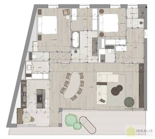 Dit penthouse is een thuis voor wie houdt van ruimte, comfort en een stijlvolle afwerking<strong>.</strong> De 3 meter hoge plafonds en brede glaspartijen zorgen voor een overvloed aan licht en een uniek gevoel van vrijheid. Bij binnenkomst verwelkomt een royale inkomhal u meteen met allure. De dubbele steellook glazen deuren geven een doorkijk naar de living en versterken het gevoel van openheid en grandeur. Het hart van de woning is de ruime leefkeuken met kookeiland en gezellige ontbijtcorner, de ideale plek voor een snel ontbijt of een ontspannen koffiemoment. Aansluitend bevindt zich de royale eetruimte, perfect voor diners en samenzijn. Van hieruit vloeit de ruimte naadloos over in de brede living, die dankzij de grote ramen baadt in daglicht en directe toegang biedt tot het overdekte terras van 30 m²<strong>.</strong> Dankzij de oriëntatie op de namiddag- en avondzon is dit de ultieme plek voor lange, sfeervolle avonden in de buitenlucht. De master suite combineert een serene slaapkamer met een ruime dressing en een luxueuze badkamer met ligbad, inloopdouche, dubbele wastafel en apart toilet. De tweede slaapkamer<strong>,</strong> eveneens voorzien van een eigen badkamer, biedt een badkamer meubel met inloopdouche, ideaal voor gasten of familie. Praktische voorzieningen zoals een berging<strong>,</strong> een discrete wasruimte en een afzonderlijk gastentoilet<strong> </strong>zorgen voor extra gemak in het dagelijks gebruik. Met een bruto oppervlakte van 157 m² en een zonnig terras van 30 m² vormt dit penthouse een unieke balans tussen ruimte, licht en verfijning, een thuis waar functionaliteit en elegantie hand in hand gaan.<br /><br />Grondaandeel: €94.800 + 12% (€11.376) registratierechten<br />Constructie: €541.000 + 21% (€113.610) BTW<br />Totaal €760.786<br />*Incl. 1 ondergrondse staanplaats met 1 ondergrondse berging.<br /> 